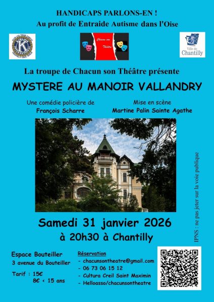 Théâtre « Mystère au manoir Vallandry » à l’Espace Bouteiller de Chantilly